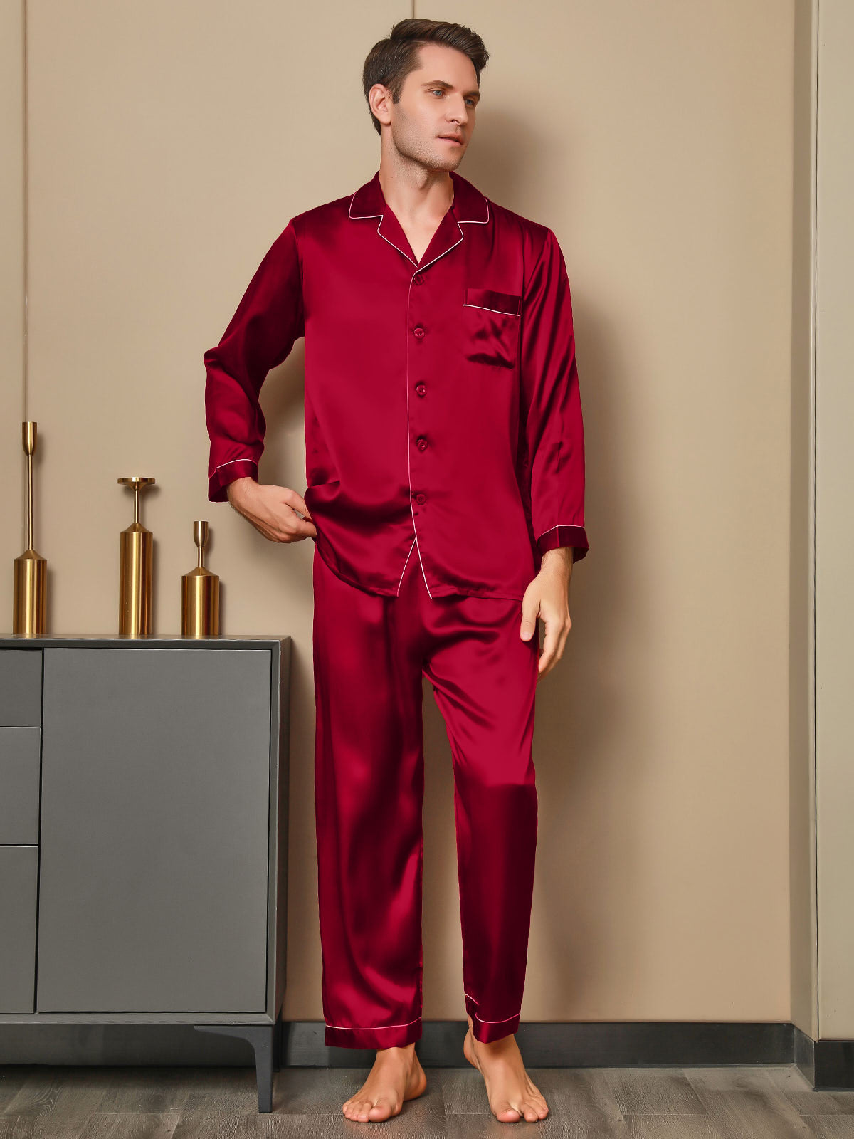 [Rojo] SilkSilky-ES 19Momme Seda Pura Mens Pajamas 003