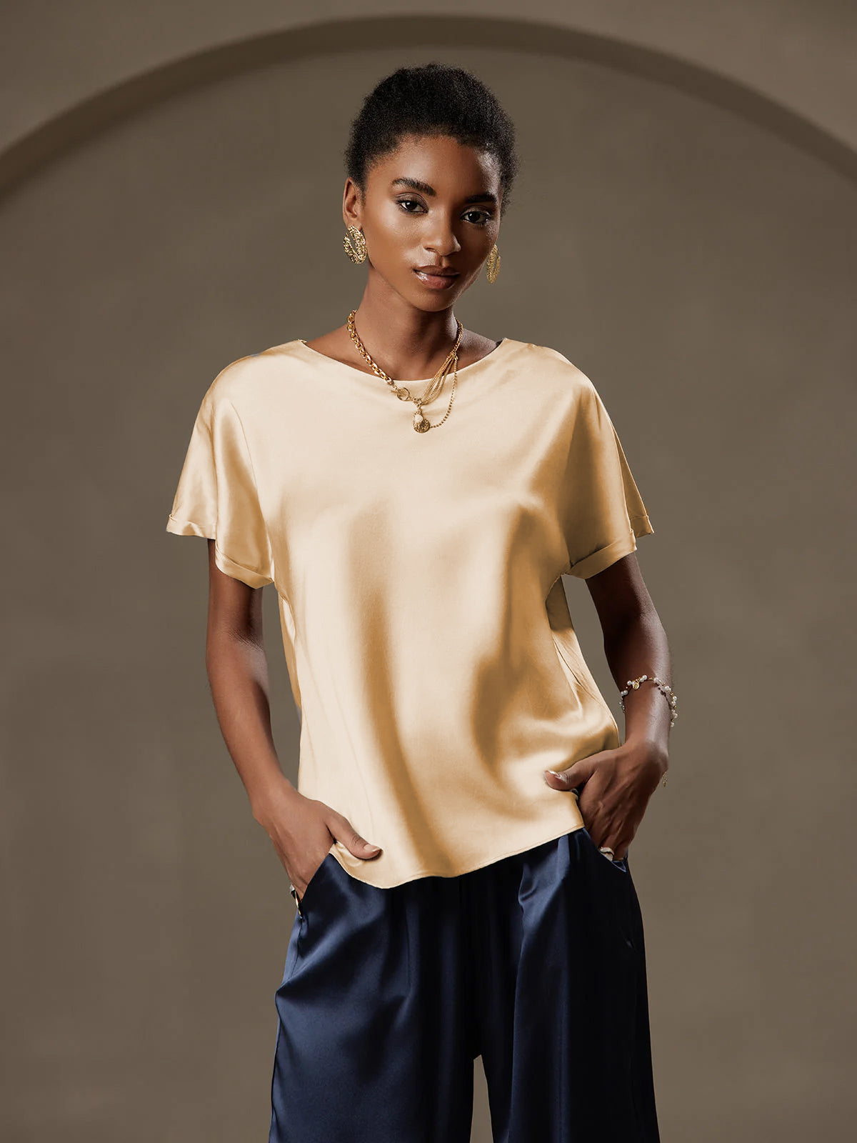 [Champán] SilkSilky-ES 19Momme Manga corta Cuello Barco Camisetas de Mujer 008