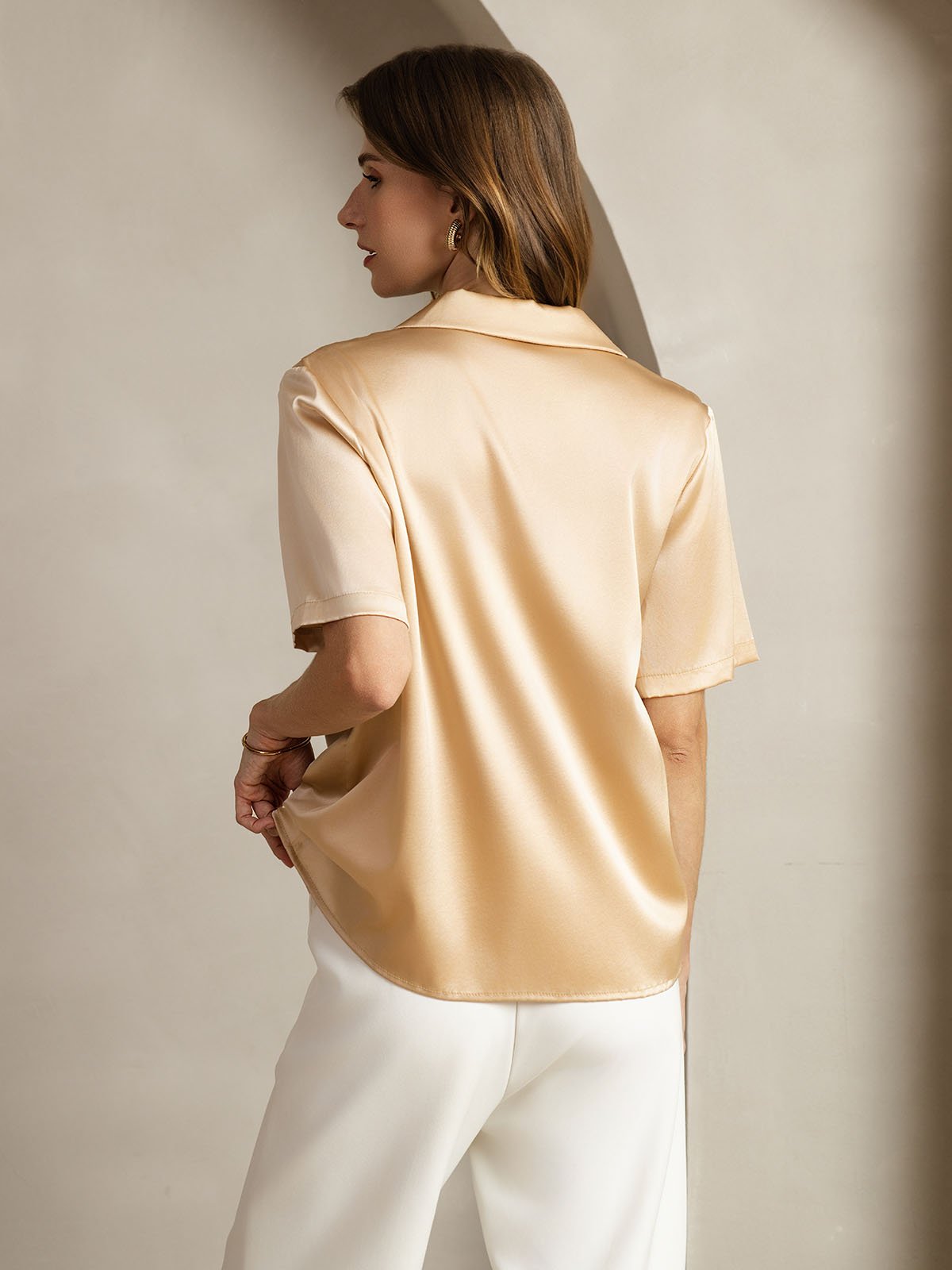[Champán] SilkSilky-ES 19Momme Seda Escote V Blusas de Mujer 002