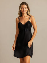 [Negro] SilkSilky-ES Spaghetti Strap V Neck Camisón 004