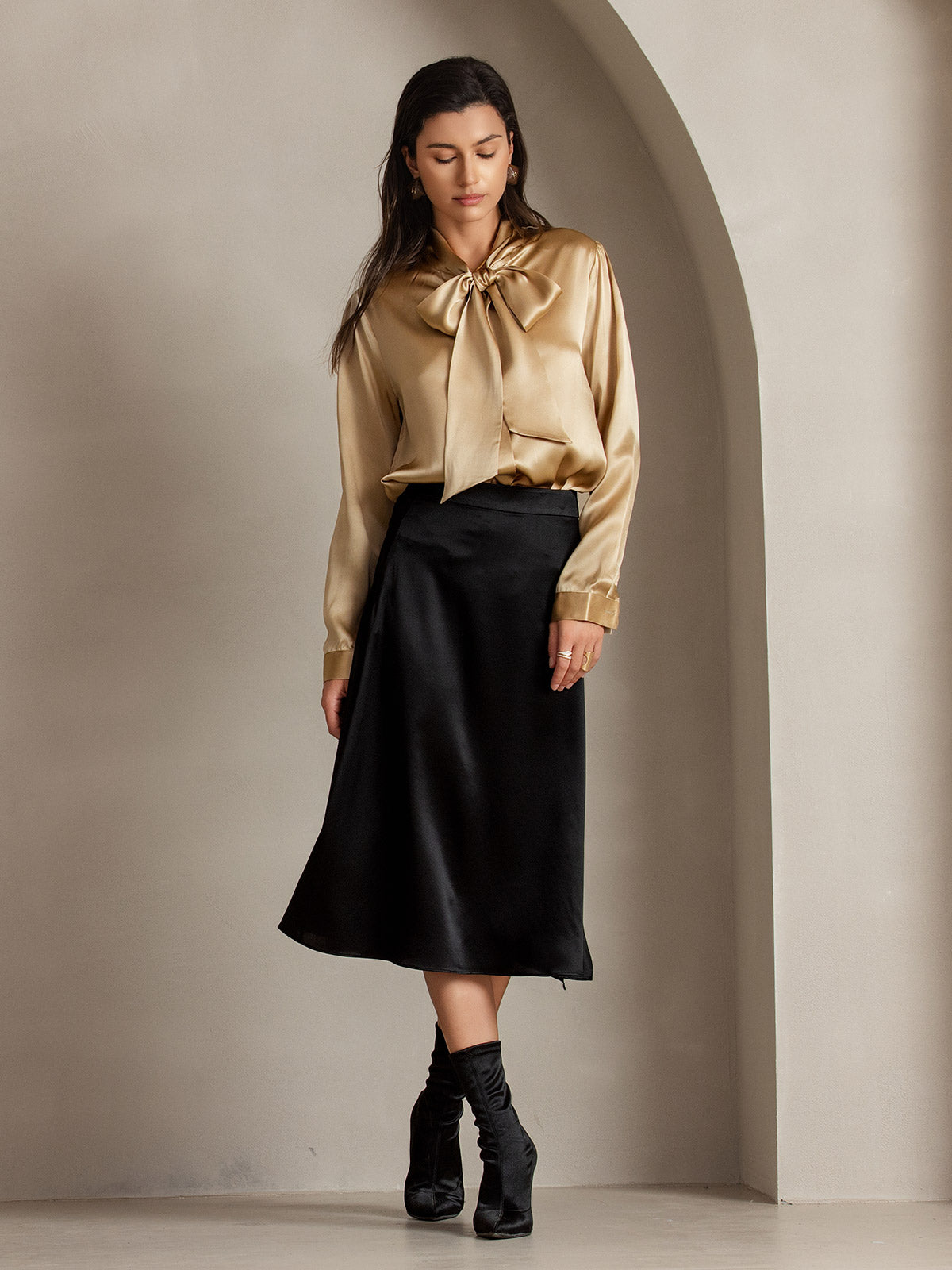 [Negro] SilkSilky-ES 19Momme Seda Skirt 005