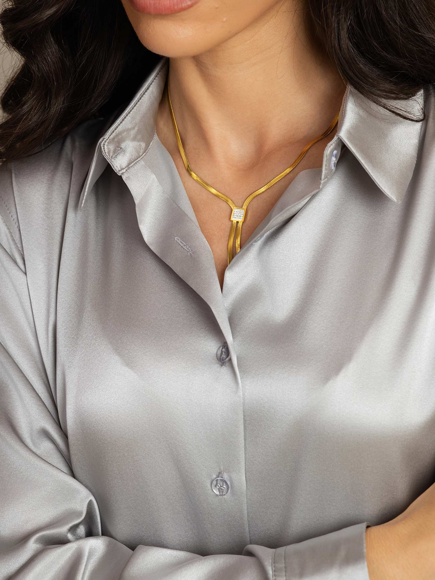 [Gris Claro] SilkSilky-ES Seda Cuello Camisero Blusas de Mujer 006