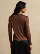 [Café] SilkSilky-ES Long Sleeve Crew Neck Camisetas de Mujer 002