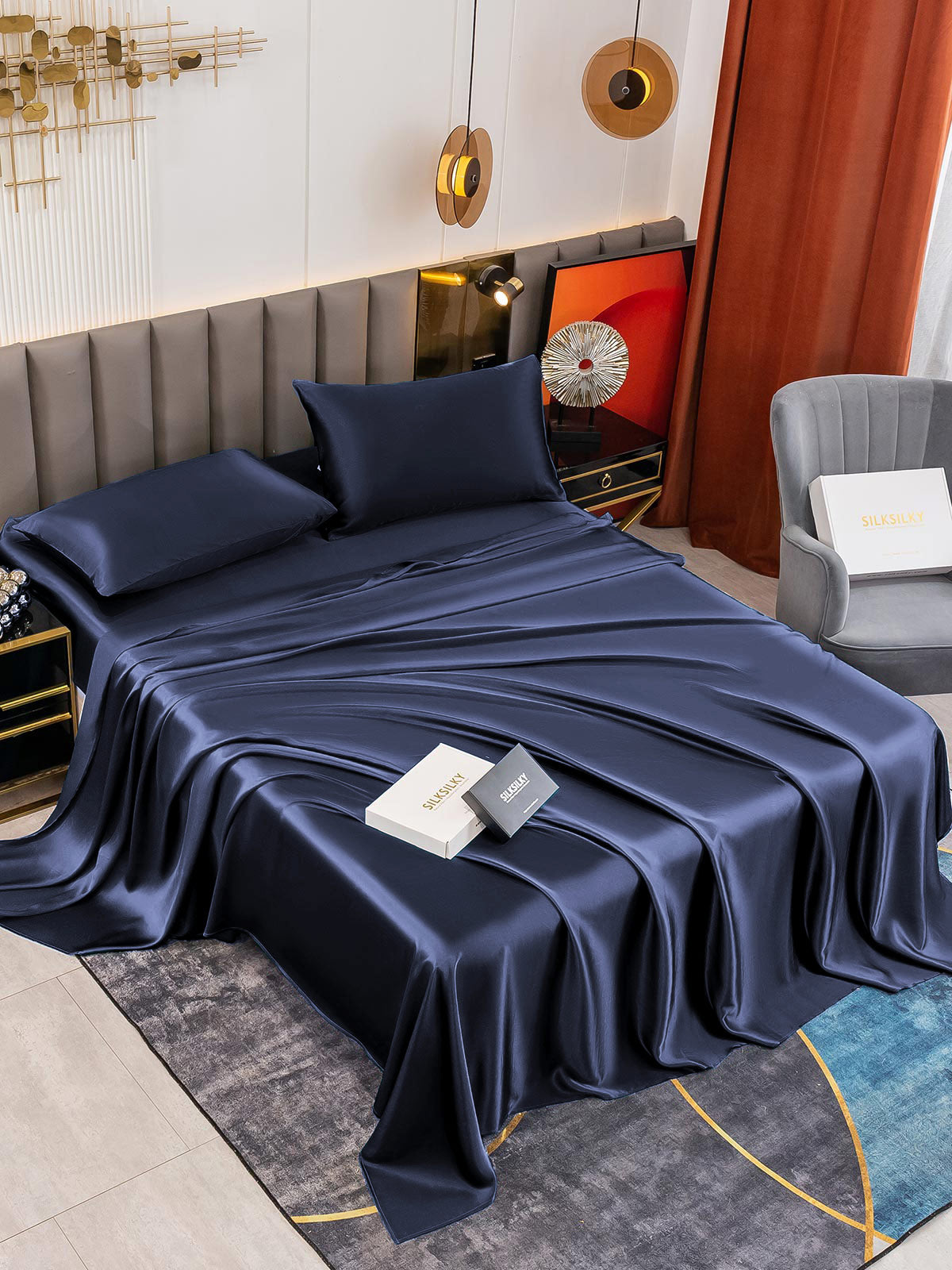 SilkSilky ES 19Momme Seda Pura Bedding Set AzulOscuro 001