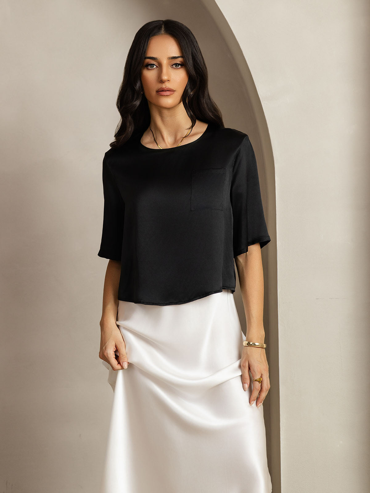 [Negro] SilkSilky-ES Seda Pura Cuello Barco Camisetas de Mujer 004