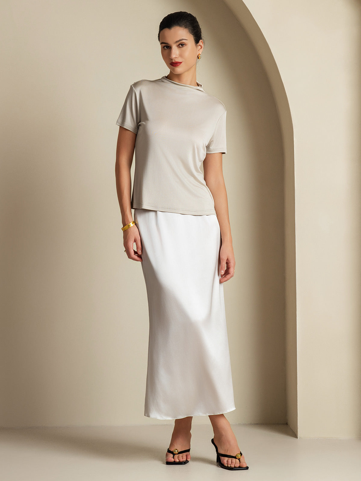 [Gris Claro] SilkSilky-ES 19Momme Seda Skirt 007