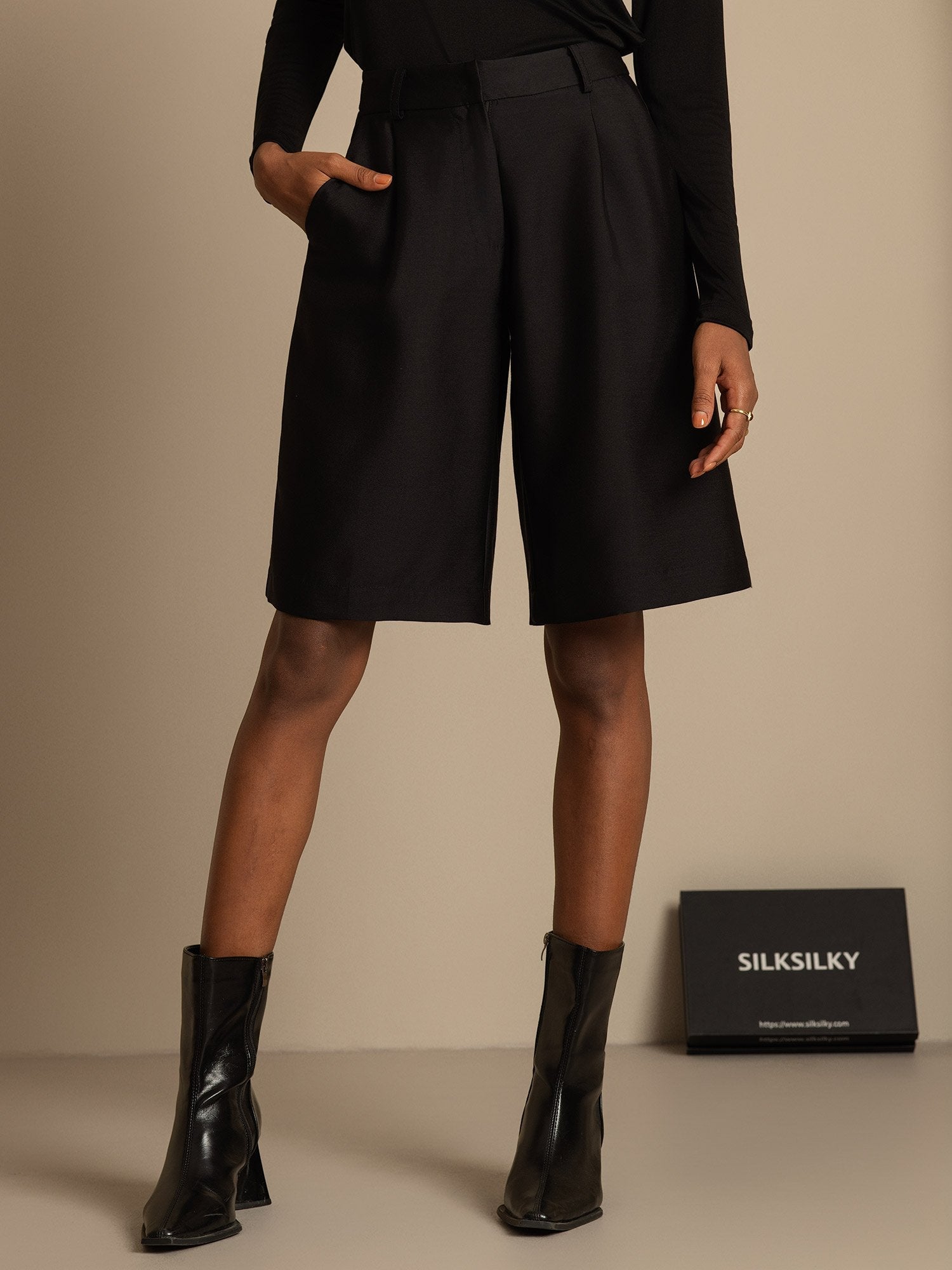 [Negro] SilkSilky-ES 32Momme Silk-Wool Blend Womens Shorts 003,