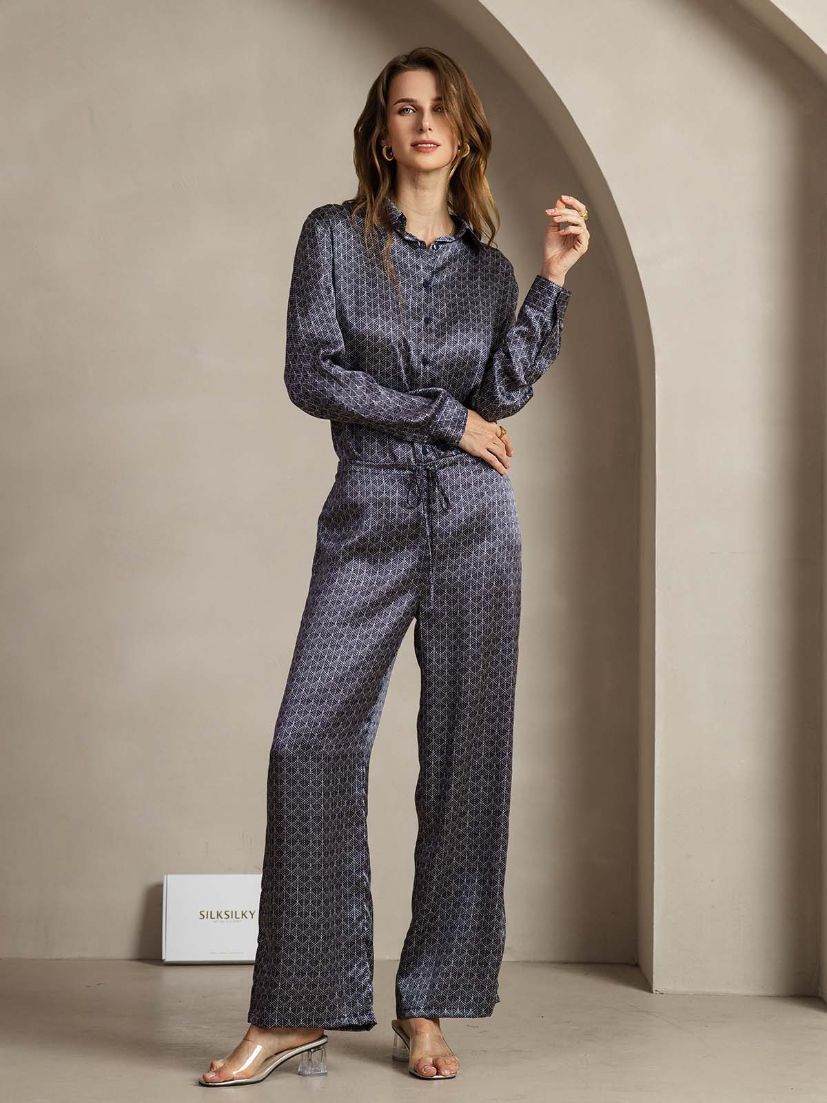 [Ginkgo Azul Marino] SilkSilky-ES 19Momme Seda Womens Pants 003