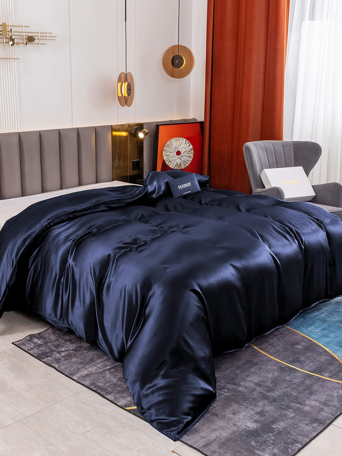 SilkSilky ES 19Momme Seda Pura Duvet Cover AzulOscuro 001