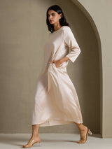 [Beige] SilkSilky-ES 3/4 Sleeve Round Neck Vestido 007