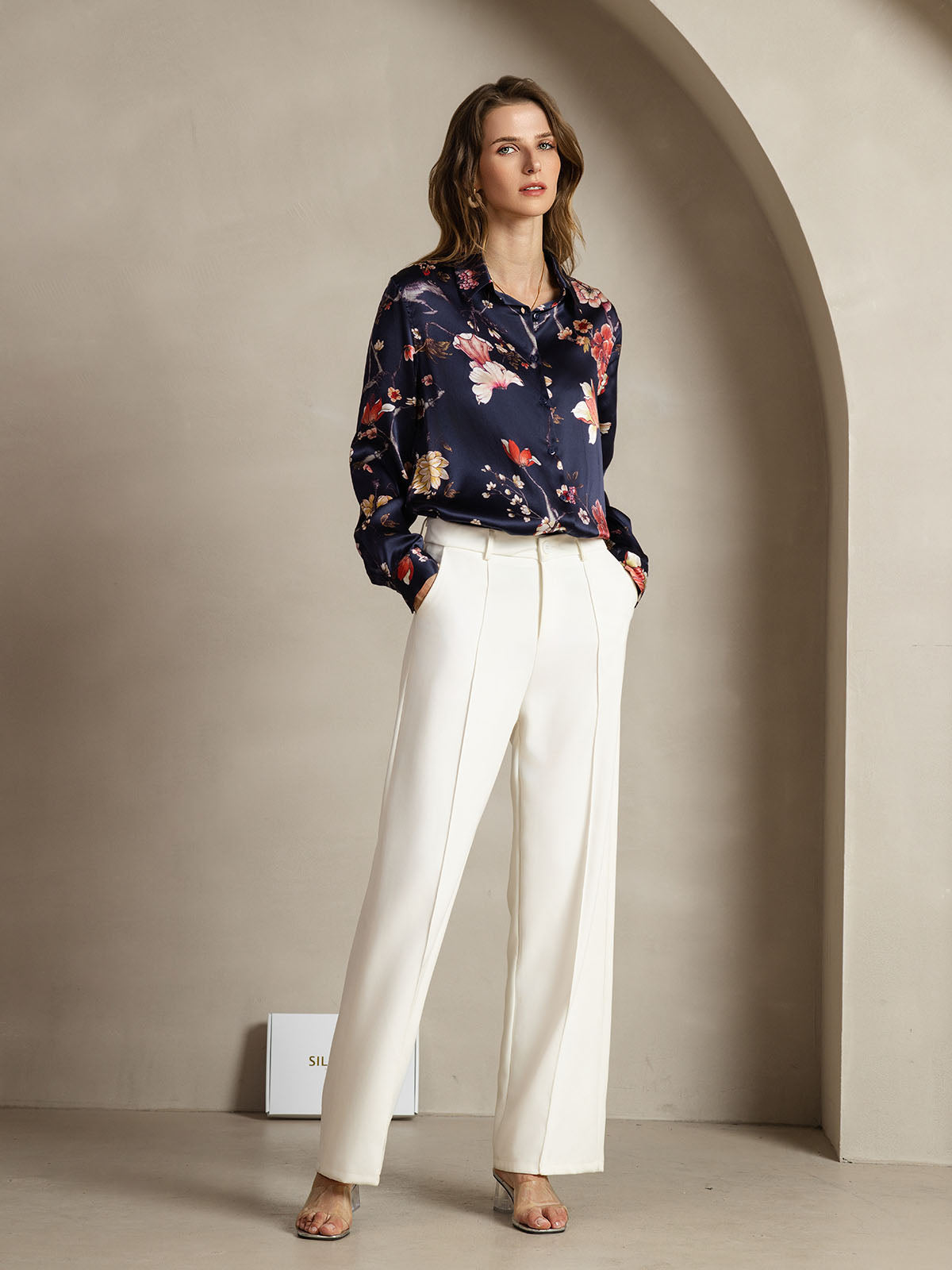 [Floral Azul Marino] SilkSilky-ES Seda Lapel Collar Blusas de Mujer 003