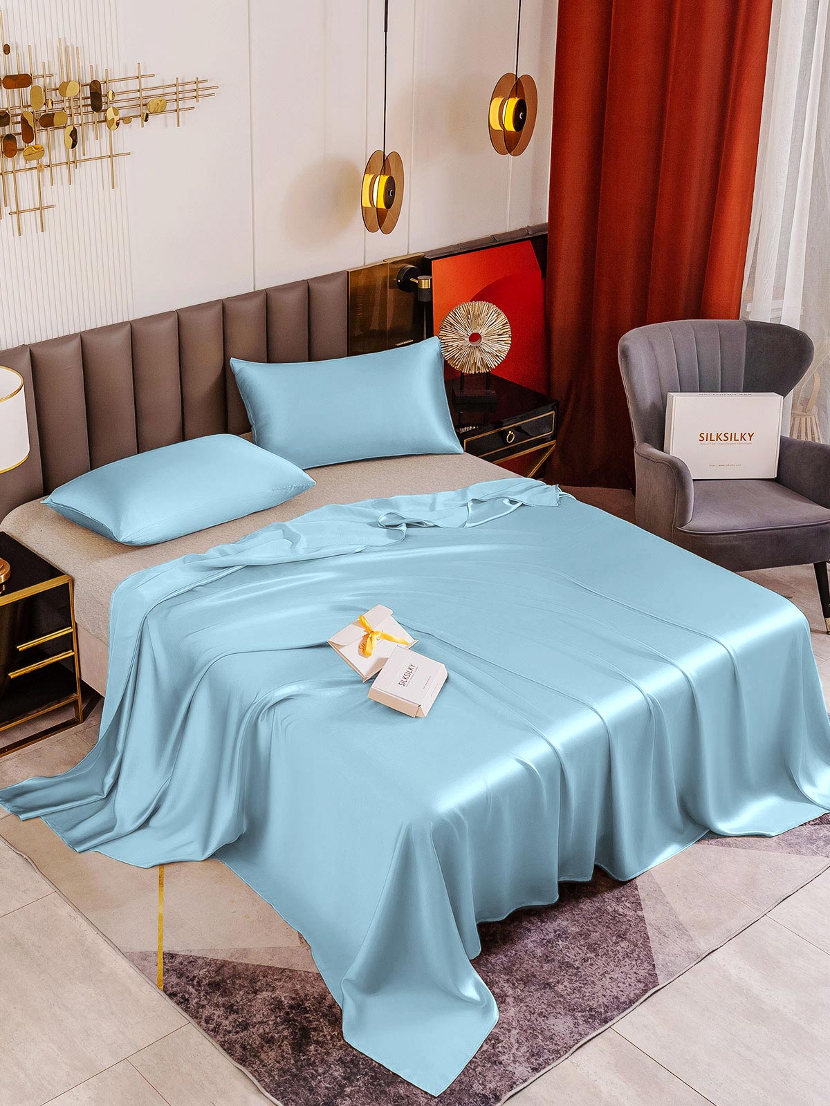 [Azul Claro] SilkSilky-ES 19Momme Seda Pura Bedding Set 001