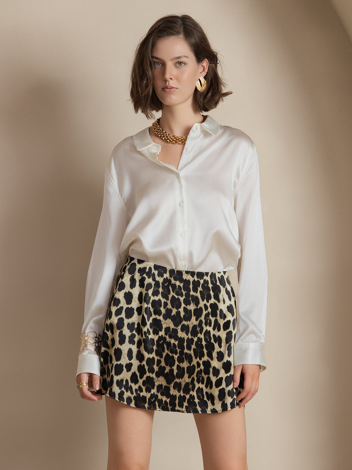 [Blanco] SilkSilky-ES Seda Manga larga Cuello Camisero Blusas de Mujer 001