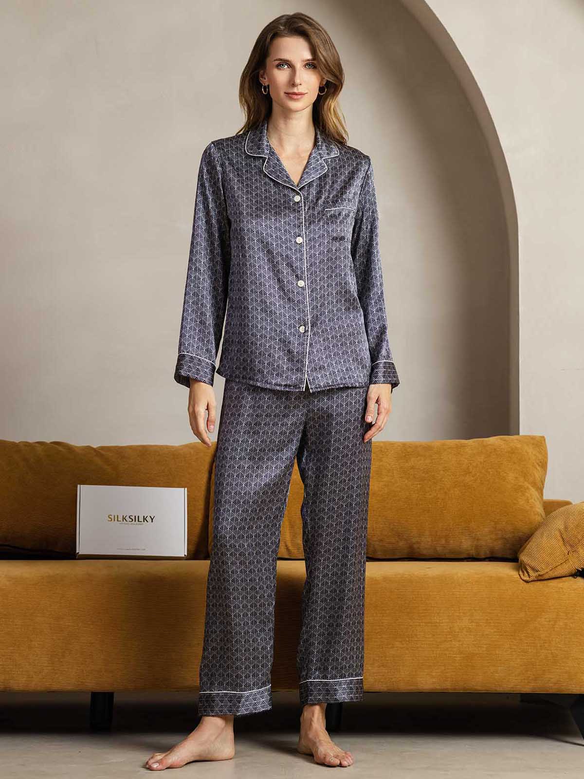 [Ginkgo Azul Marino] SilkSilky-ES Seda Pura Womens Pajamas 001