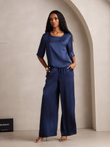 [Azul Oscuro] SilkSilky-ES Half Sleeve Round Neck Pijamas de mujer 006