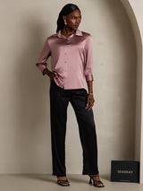 [Malva Pálido] SilkSilky-ES 3/4 Sleeve Lapel Collar Blusas de Mujer 006