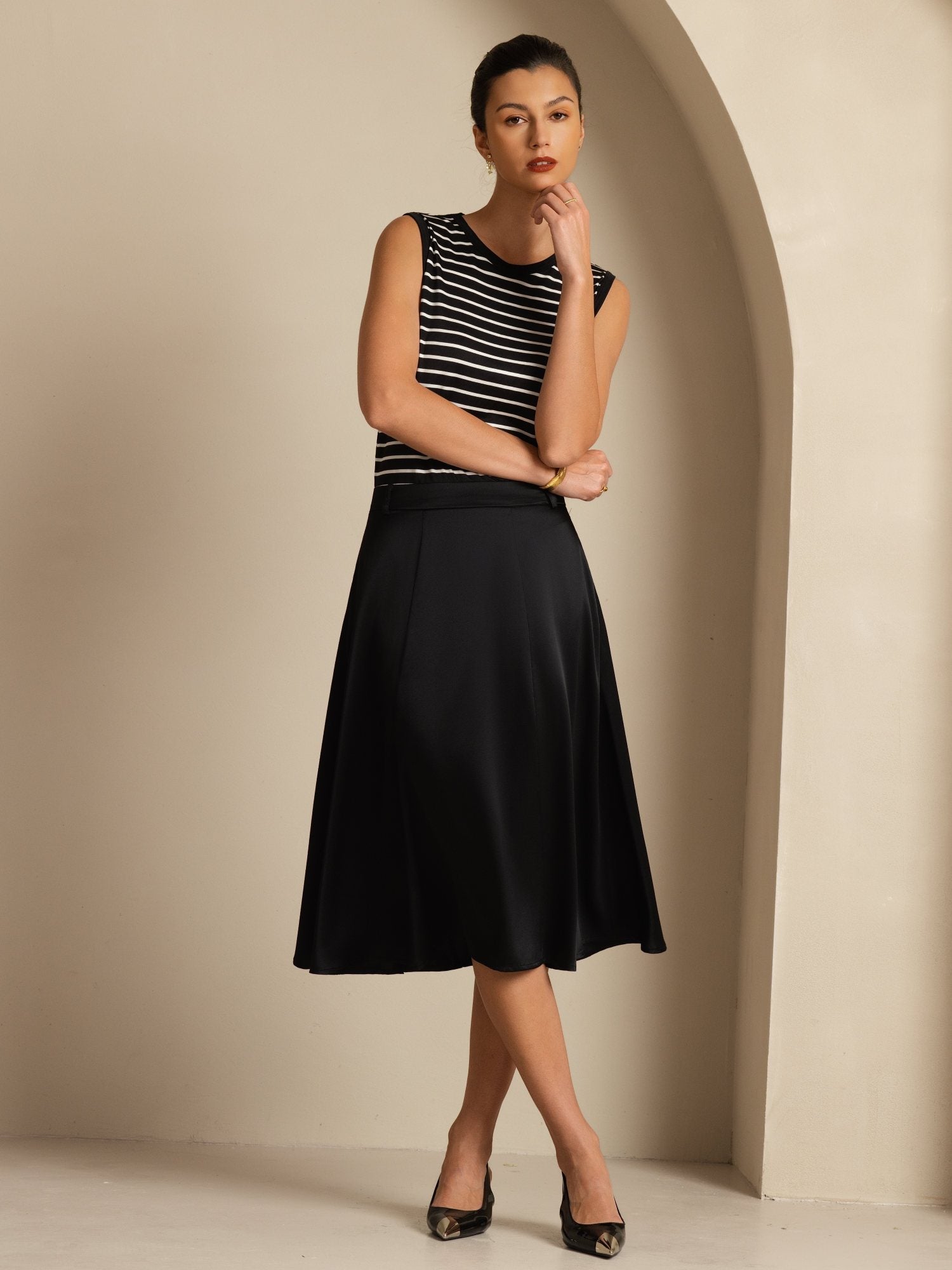 [Negro] SilkSilky-ES 19Momme Seda Skirt 006