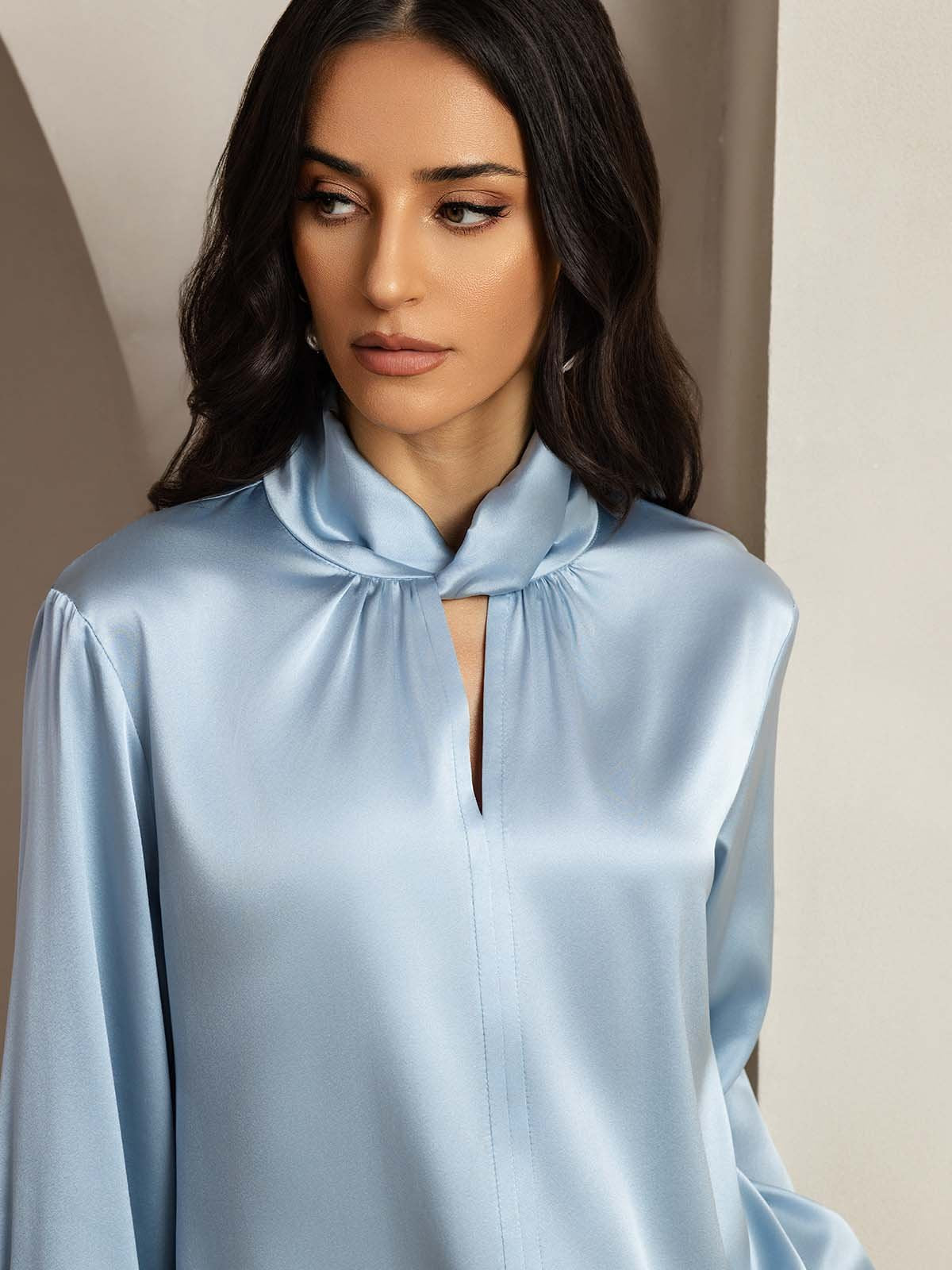 [AzulGrisáceo] SilkSilky-ES 19Momme Seda Escote lágrima Blusas de Mujer 003