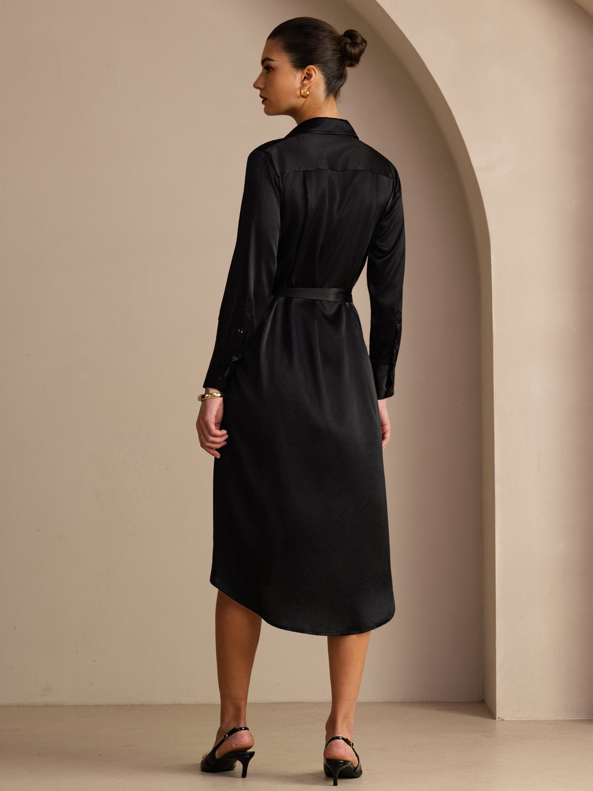 [Negro] SilkSilky-ES Long Sleeve Lapel Collar Vestido 002