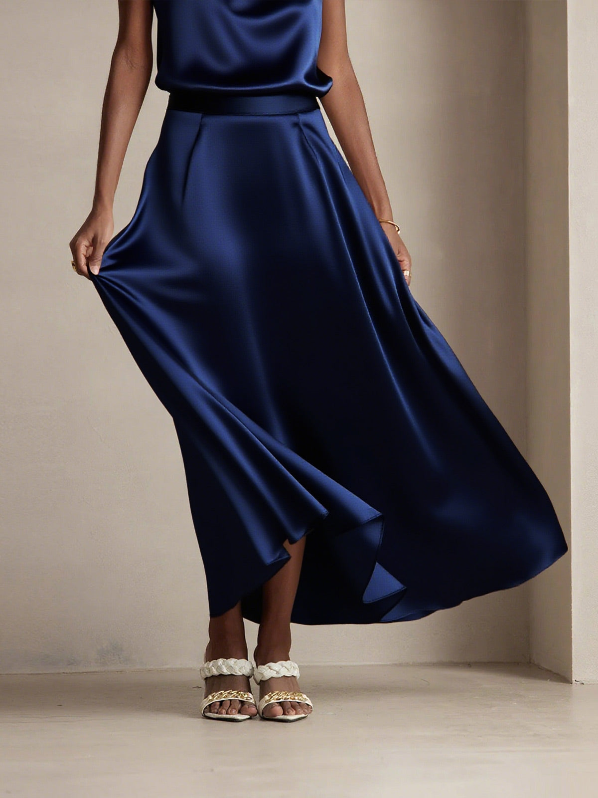[Azul Oscuro] SilkSilky-ES 19Momme Seda Skirt 005