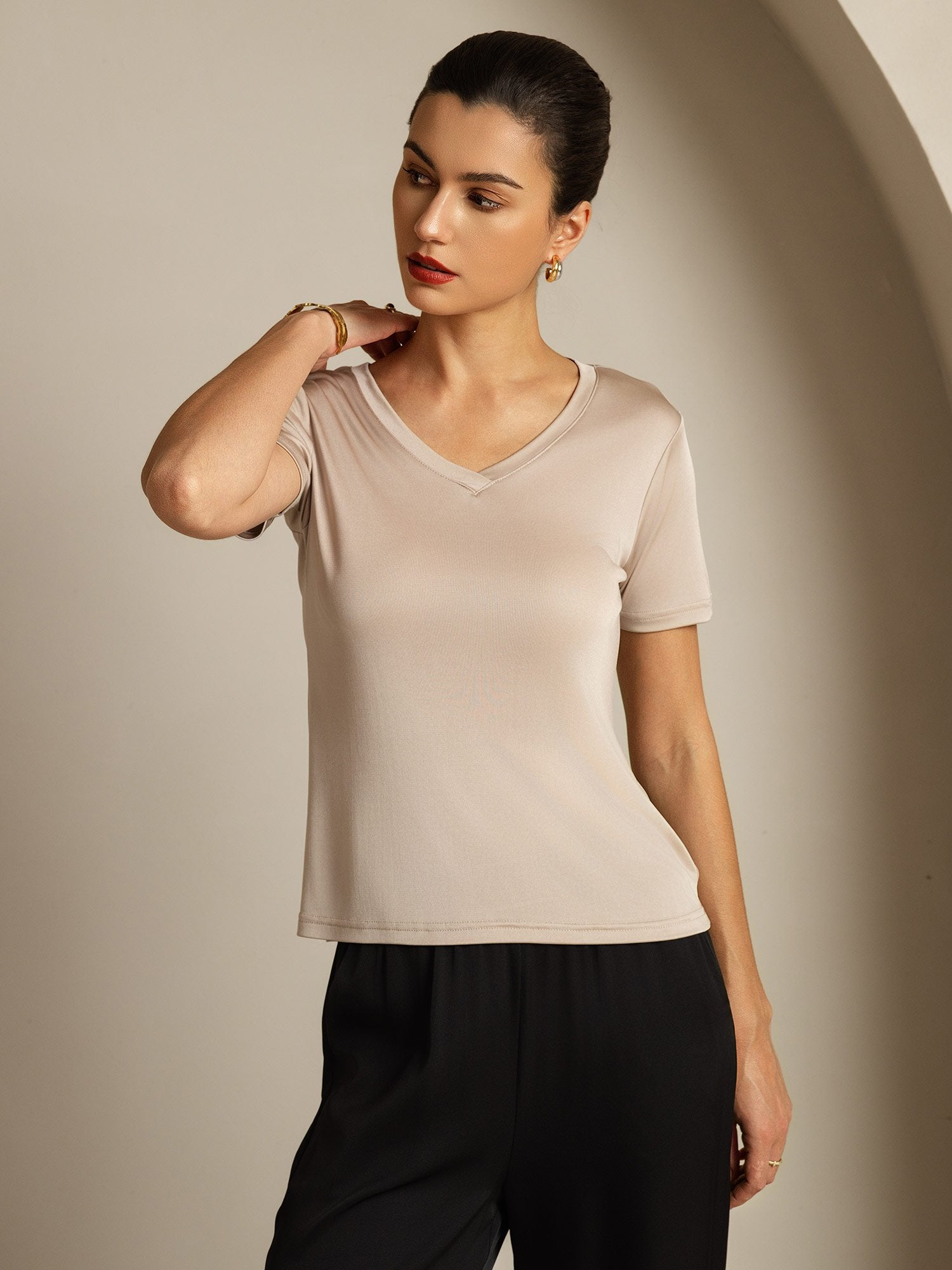 [CaquiClaro] SilkSilky-ES Seda Pura Cuello en V Camisetas de Mujer 005