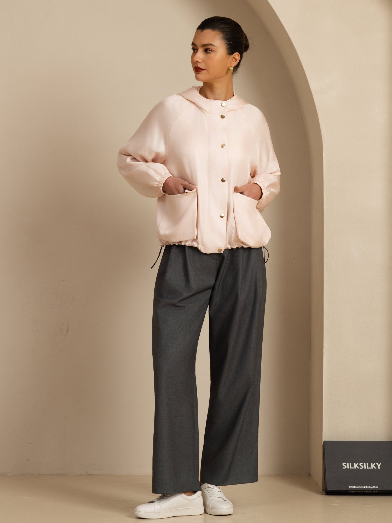 [Rosa] SilkSilky-ES Manga larga Cuello Alto Chaqueta de mujer 007