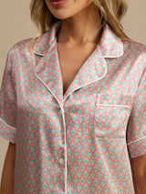 [Rosa Corazón Geo] SilkSilky-ES Short Sleeve Lapel Collar Pijamas de mujer 004