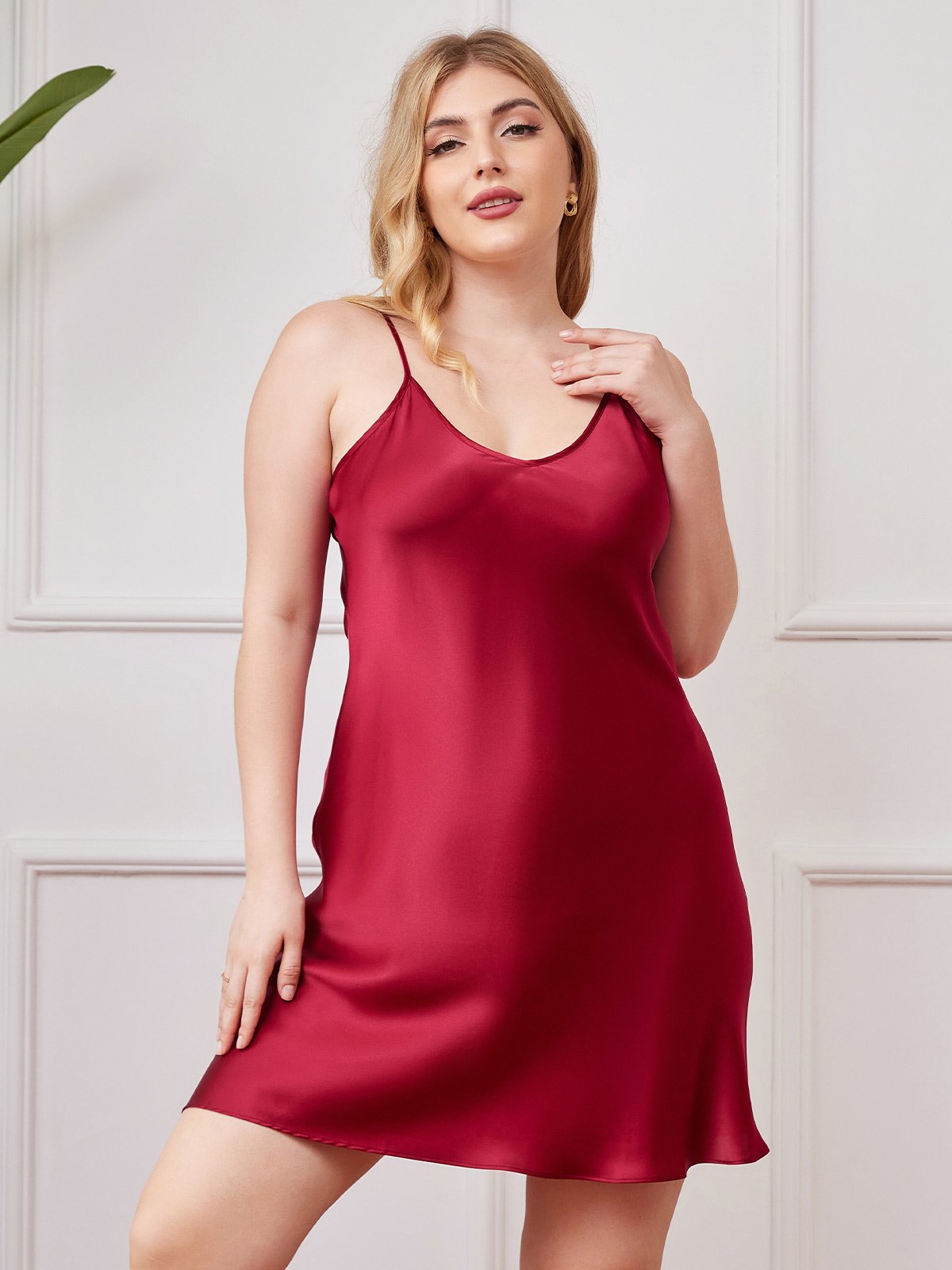 SilkSilky ES Seda Pura Cuello en V profundo Vestido talla grande Vino 001