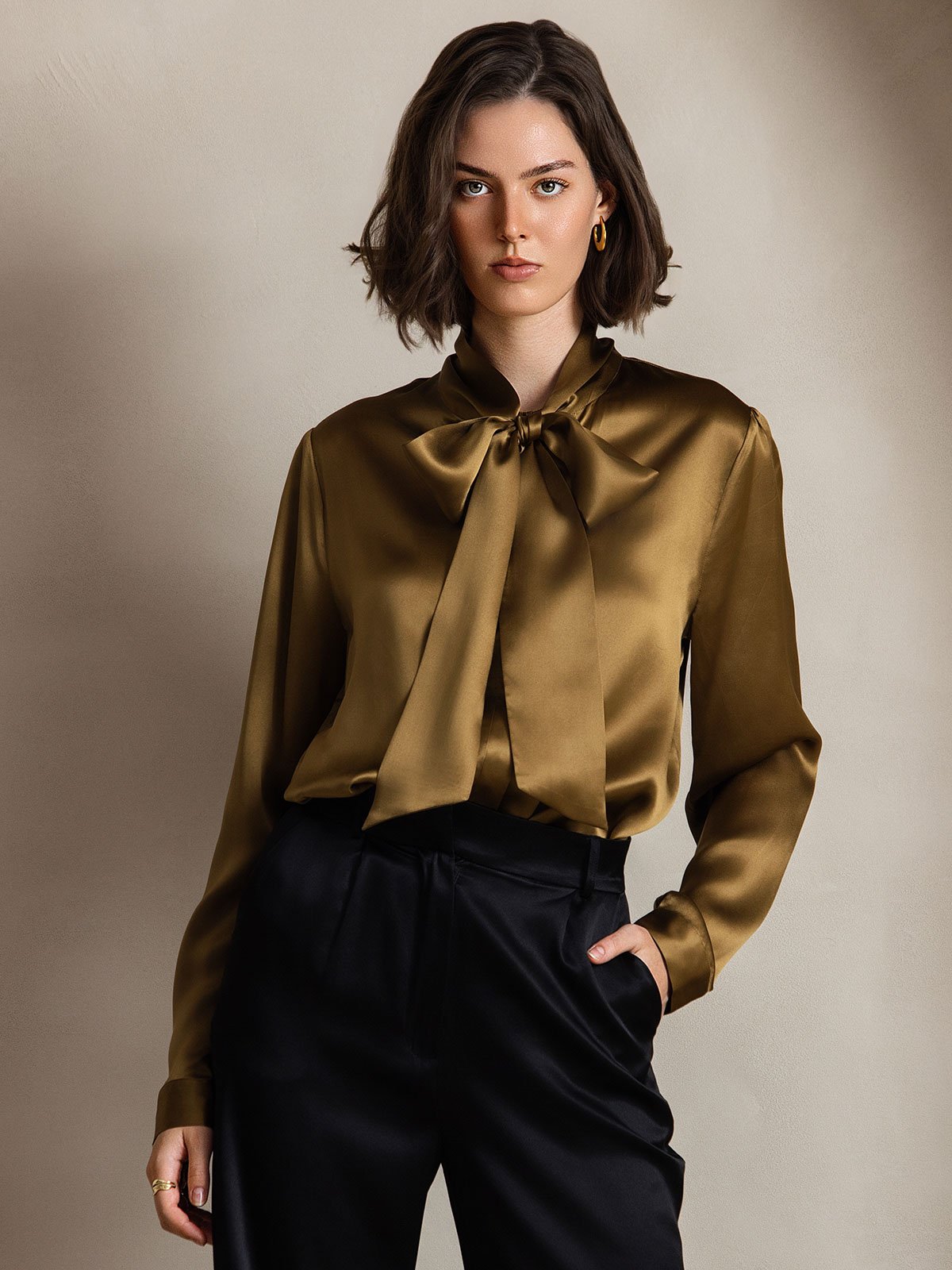 [Marrón] SilkSilky-ES 19Momme Seda Manga larga Blouse 006