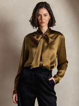 [Marrón] SilkSilky-ES Long Sleeve Tie Neck Blusas 006