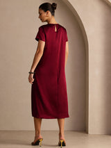 [Rojo Oscuro] SilkSilky-ES Short Sleeve Crew Neck Vestido 002