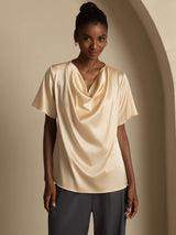 [Champán] SilkSilky-ES Short Sleeve Cowl Neck Blusas 001