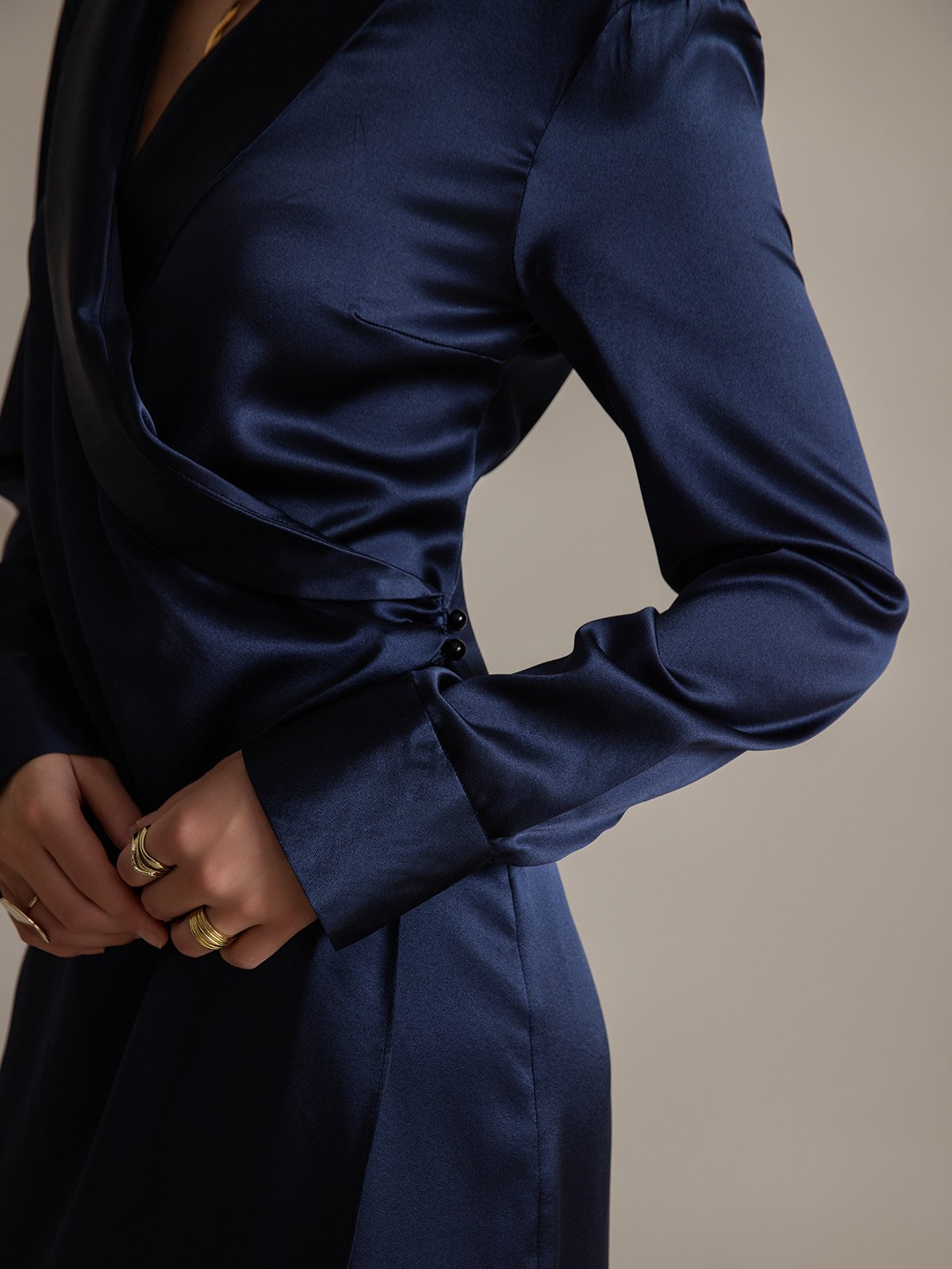 [Azul Oscuro] SilkSilky-ES 19Momme Seda Cuello en V Vestido 007