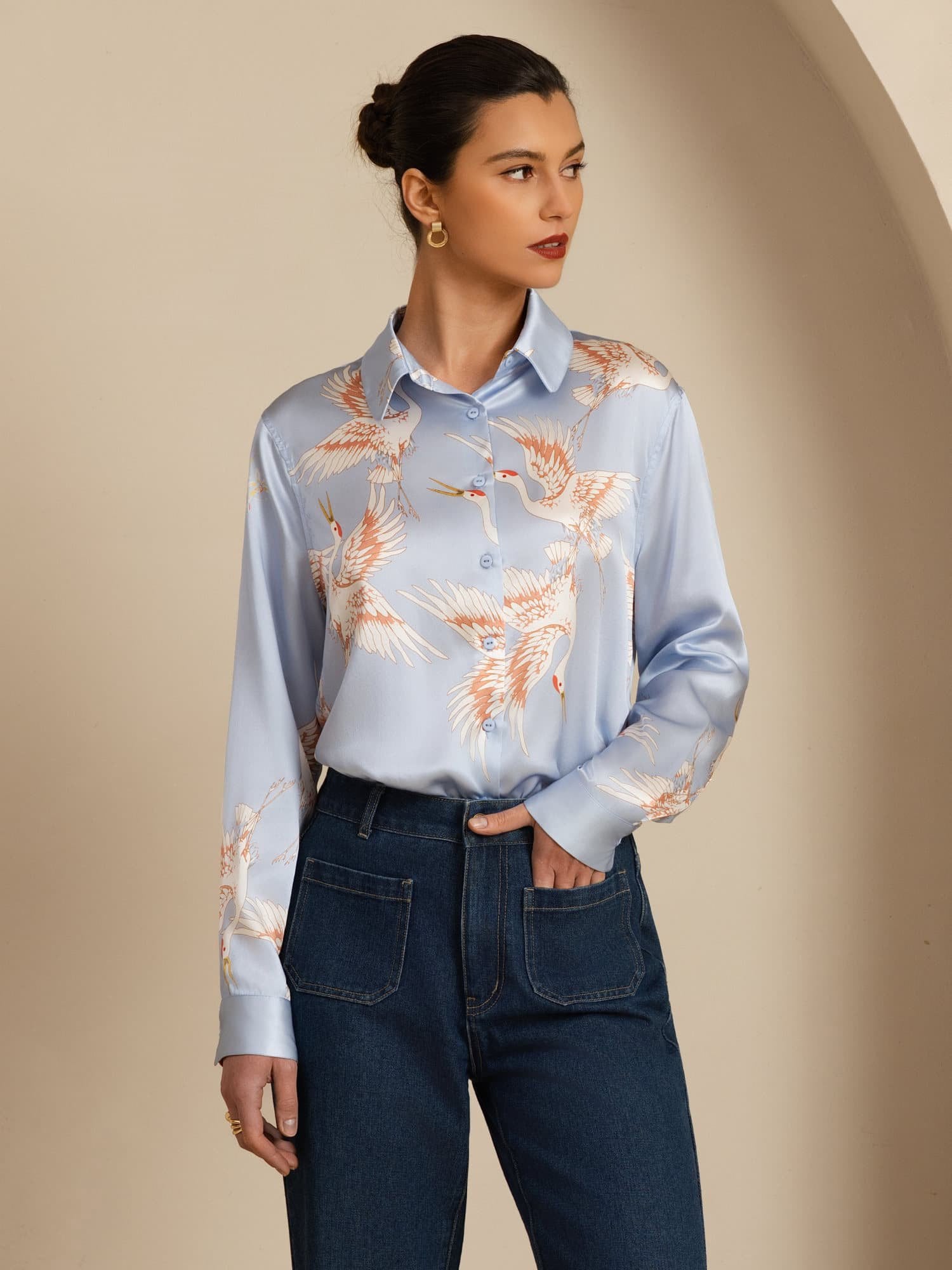 [Azul Claro] SilkSilky-ES 19Momme Manga larga Cuello con Solapa Blusas de Mujer 003