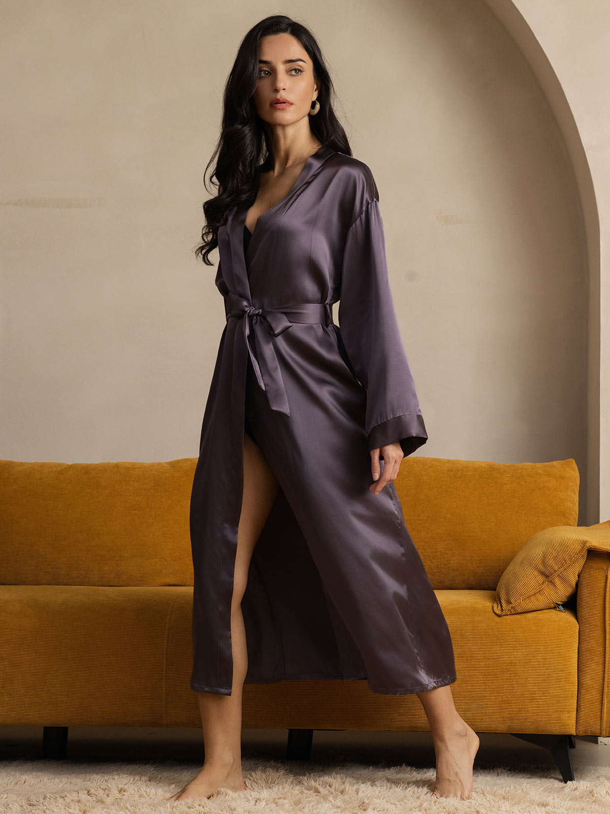 [Gris Púrpura] SilkSilky-ES Seda Pura Wrap Bata de mujer 004