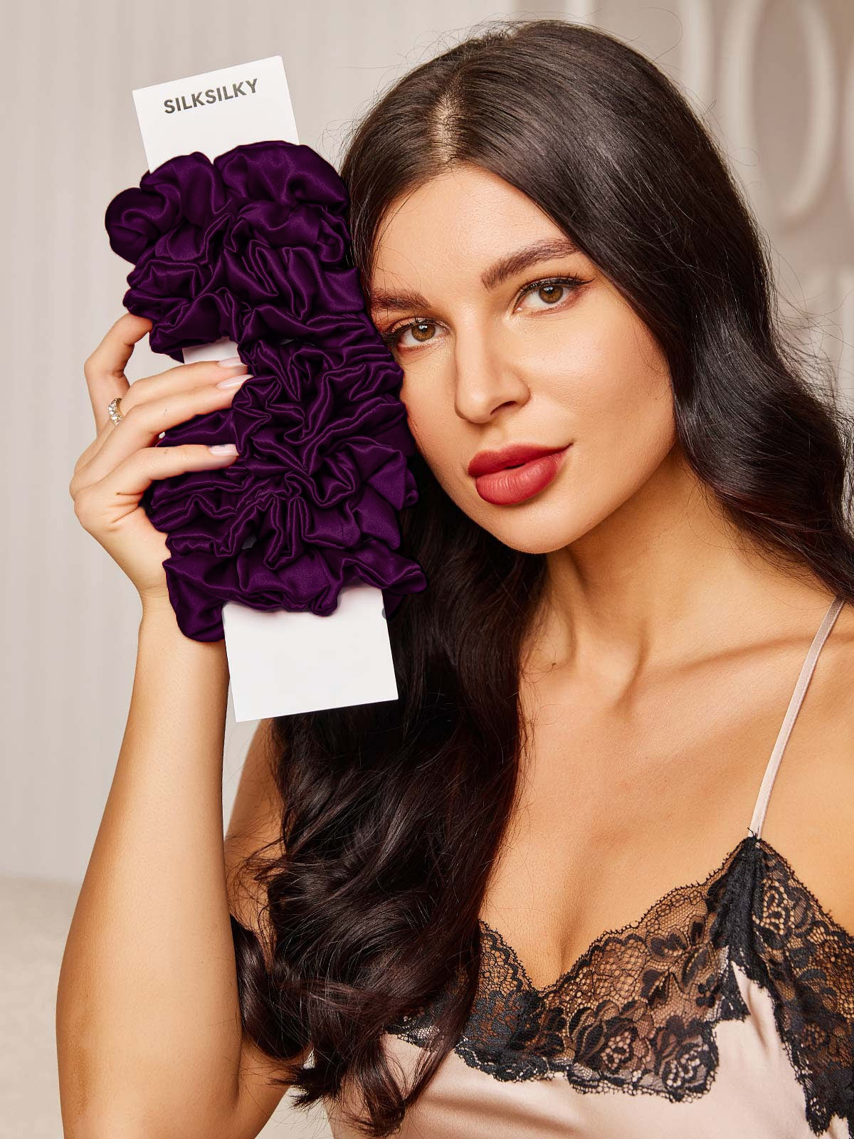 [Morado Oscuro] SilkSilky-ES 19Momme Seda Pura Scrunchie 002,