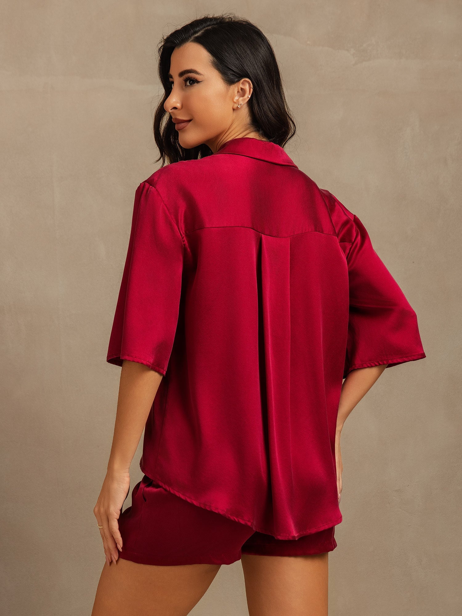 [Vino] SilkSilky-ES 19Momme Seda Pura Cuello Camisero Pijamas de mujer 006,