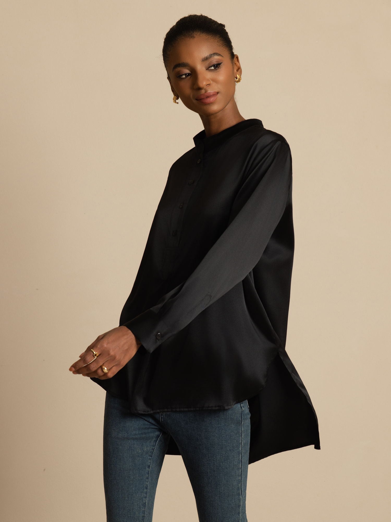 [Negro] SilkSilky-ES 19Momme Seda Manga larga Cuello Alto Blusa 003