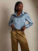 [Azul Grisáceo] SilkSilky-ES Long Sleeve Lapel Collar Blusas de Mujer 004