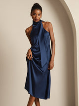[Azul Oscuro] SilkSilky-ES Sleeveless Halter Vestido 006