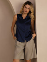 [Azul Oscuro] SilkSilky-ES Sleeveless Lapel Collar Blusas de Mujer 006