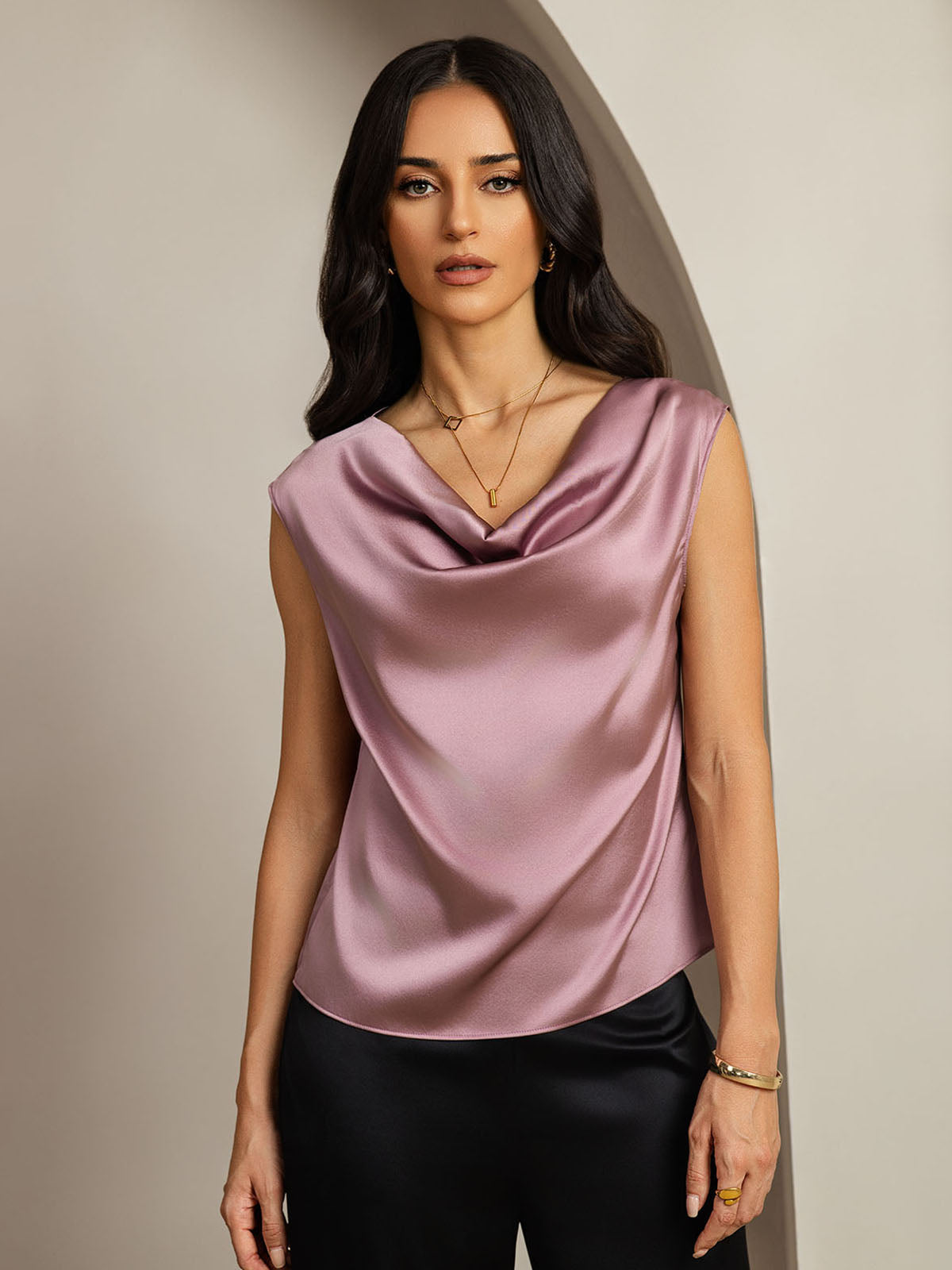 [Malva Pálido] SilkSilky-ES 19Momme Seda Escote Caído Camisetas de Mujer 001