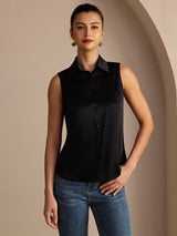 [Negro] SilkSilky-ES Sleeveless Lapel Collar Blusas de Mujer 001