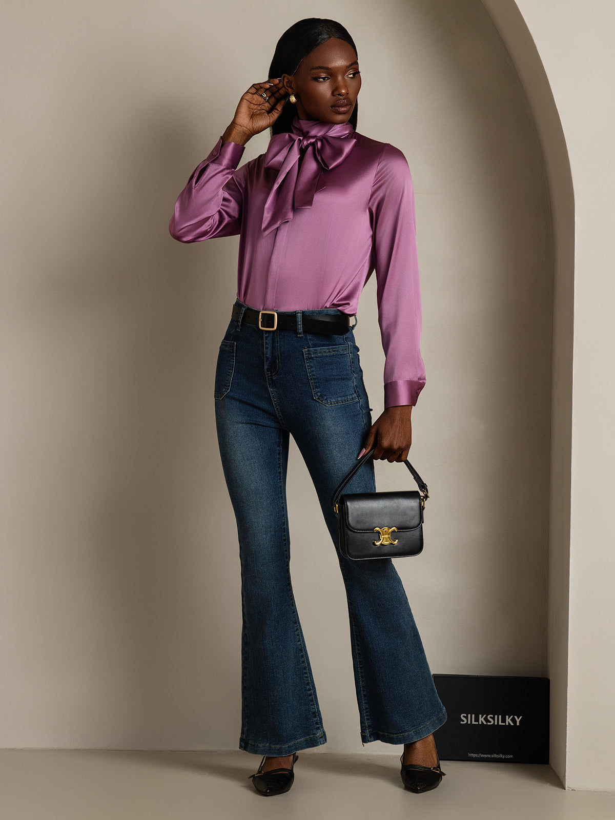 [Morado Oscuro] SilkSilky-ES 19Momme Manga larga Blusa 009