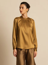 [Bronce] SilkSilky-ES 19Momme Manga larga Cuello Redondo Blusa 004