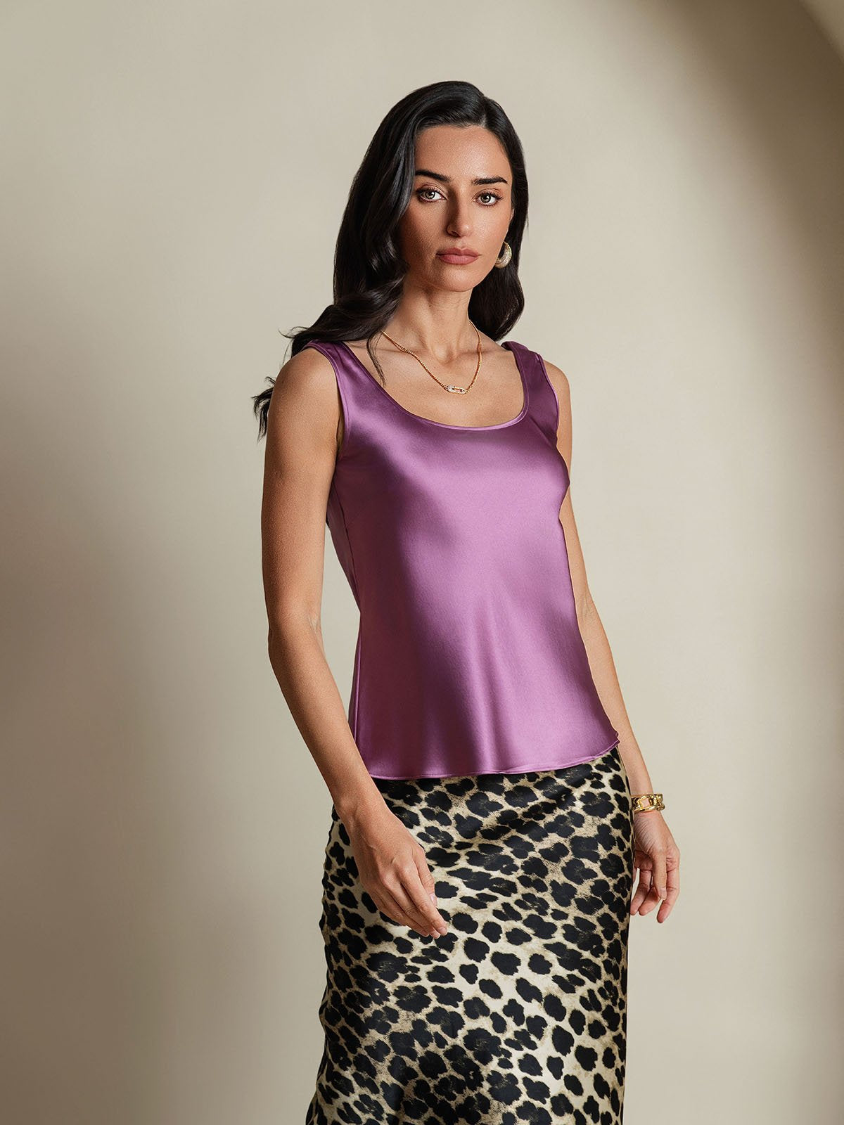 [Morado Oscuro] SilkSilky-ES 19Momme Seda Cuello en U Top de tirantes 005