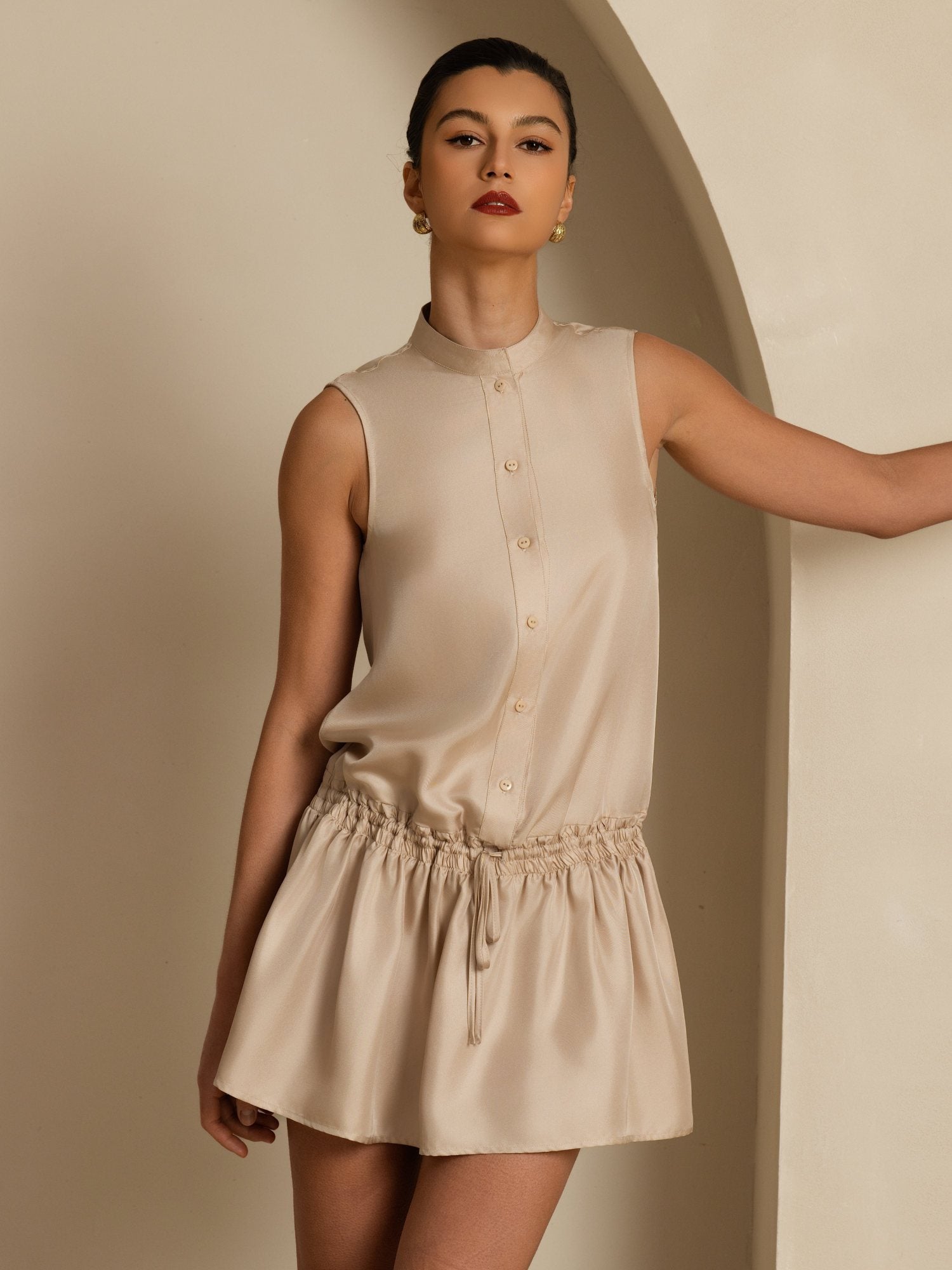 [Marrón Claro] SilkSilky-ES 18Momme Sin mangas Cuello Alto Vestido 003