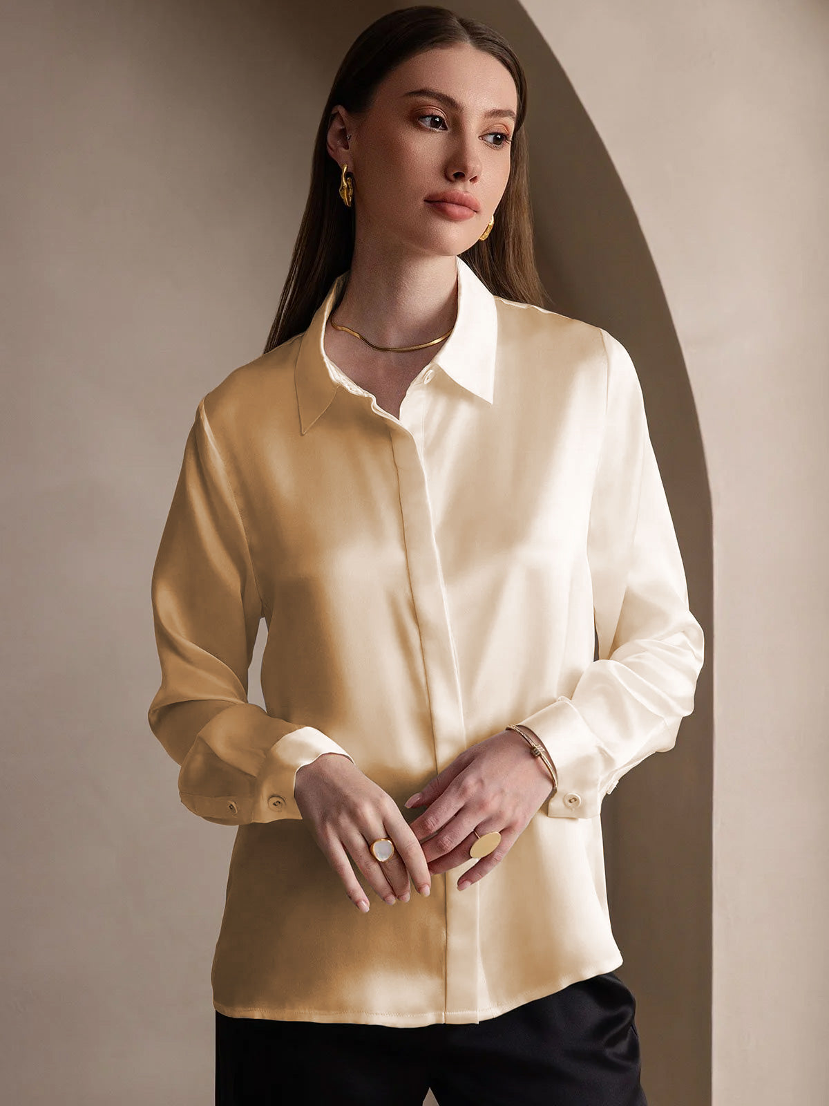 [Champán] SilkSilky-ES 19Momme Seda Lapel Collar Blusas de Mujer 005