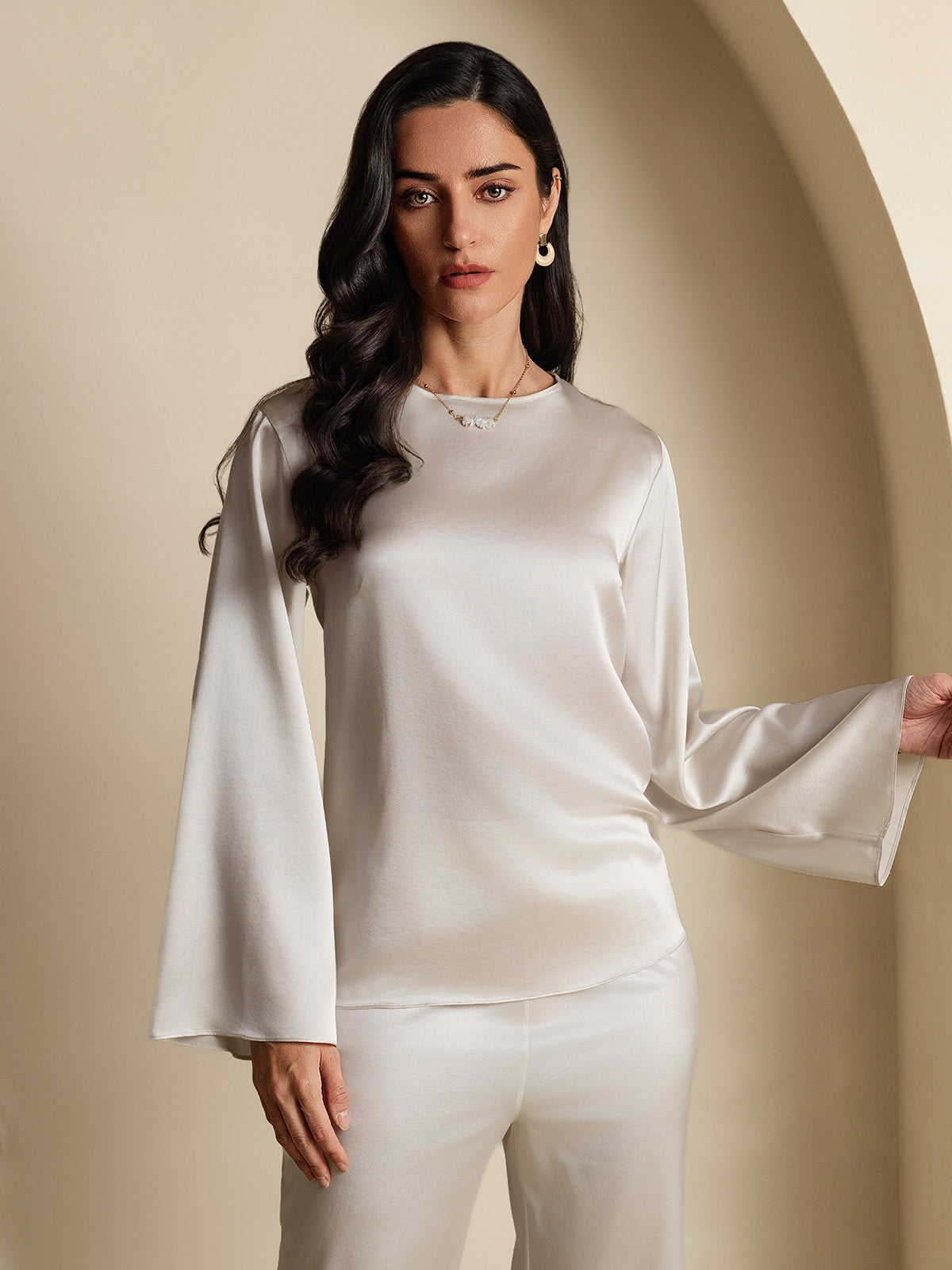 [Gris Claro] SilkSilky-ES 19Momme Seda Womens T-Shirt 001,