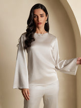[Gris Claro] SilkSilky-ES Long Sleeve Boat Neck Blusa 001